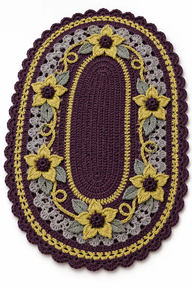 AI concept of an aubergine oval crochet rug scattered with blue star borage flowers.