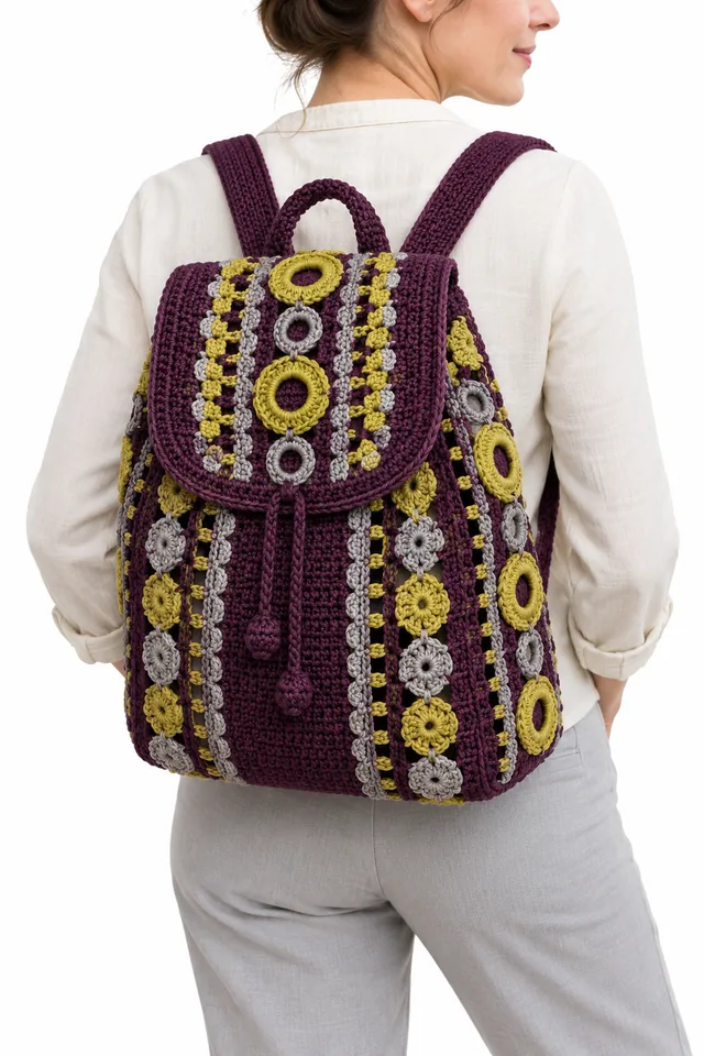 AI concept of an aubergine crochet backpack covered in braided torus links.