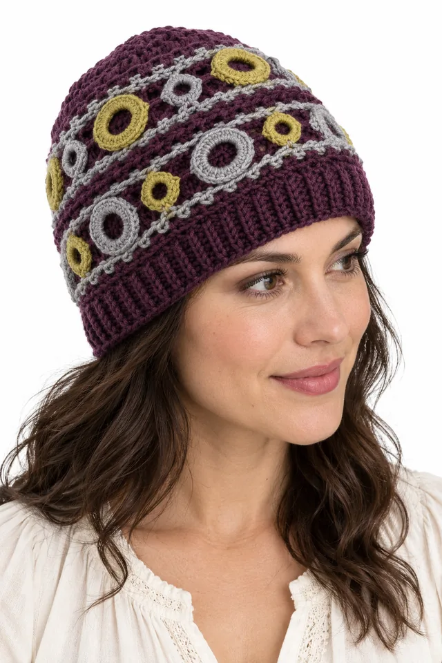 AI concept of an aubergine crochet beanie with a braided torus links folded cuff.