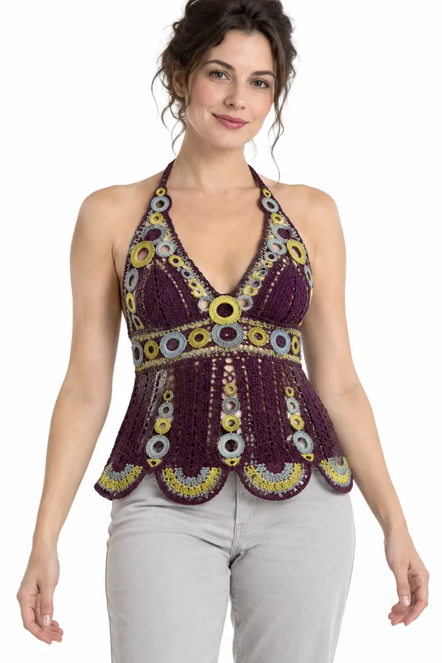 AI concept of an aubergine crochet halter top with braided torus links texture.
