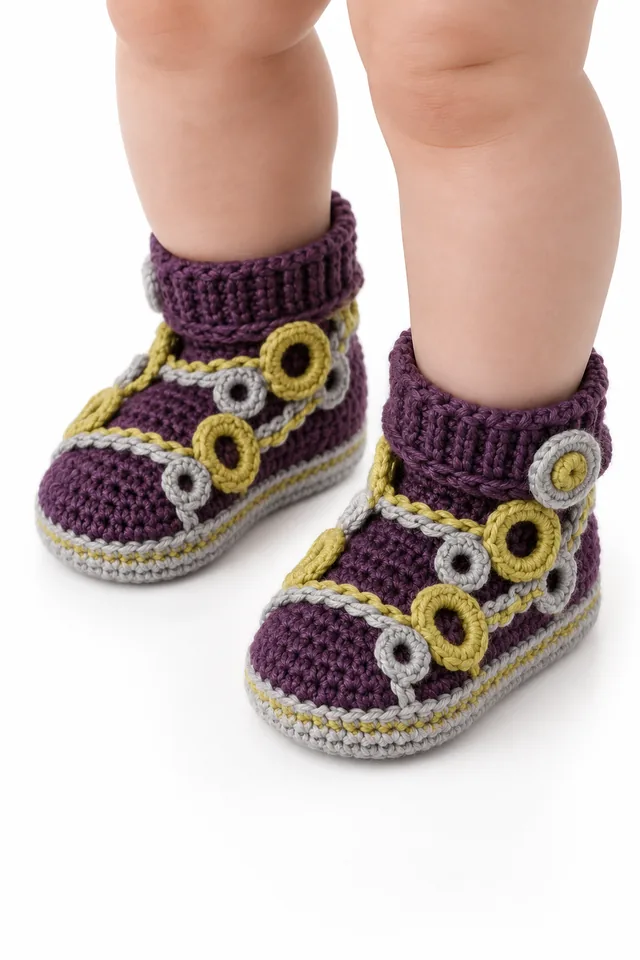 AI concept of aubergine crochet baby sneaker booties with braided torus link details.