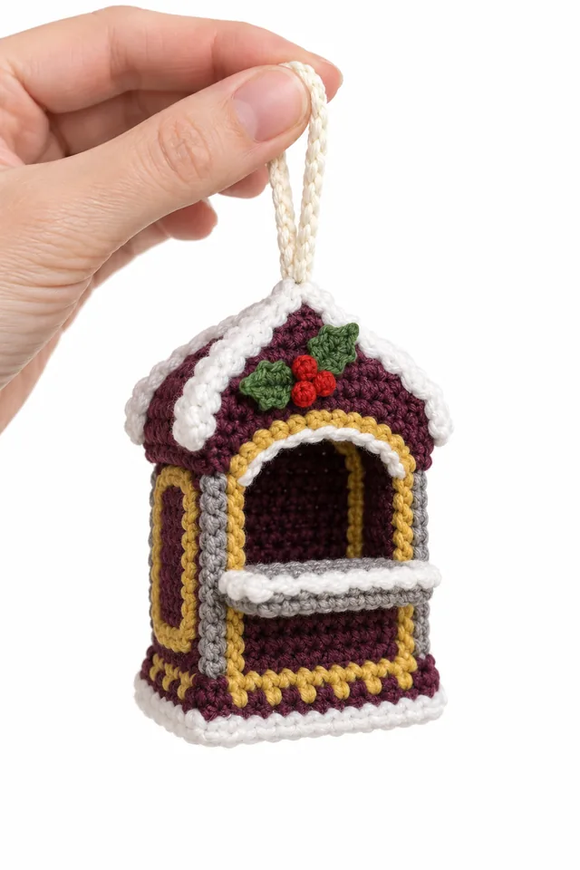 AI concept of an aubergine crochet arched ticket booth ornament with a small serving window.