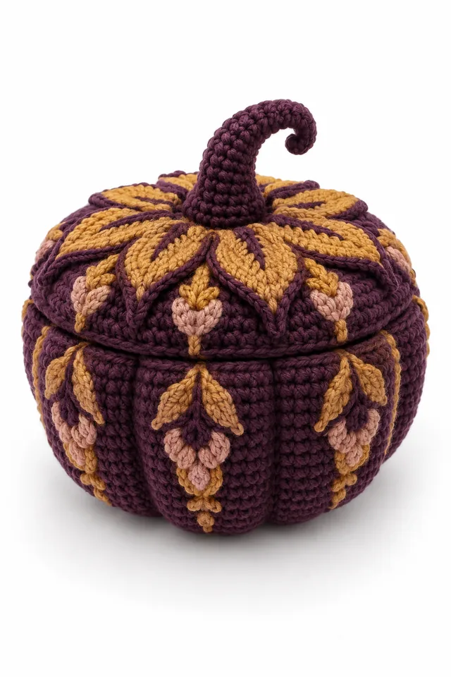 AI concept of an aubergine crochet pumpkin-shaped lidded box with compass petal geometry.