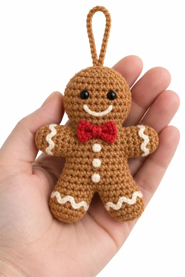 AI concept of a brown crochet gingerbread man Christmas ornament with icing details.
