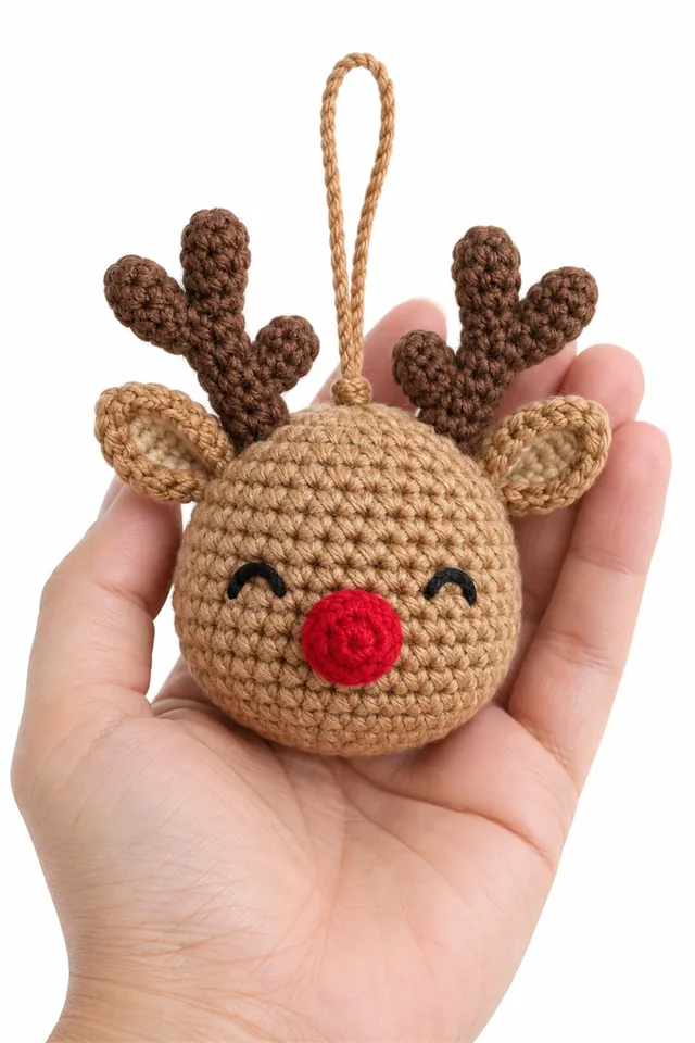 AI concept of a brown crochet reindeer Christmas ornament with small antlers.