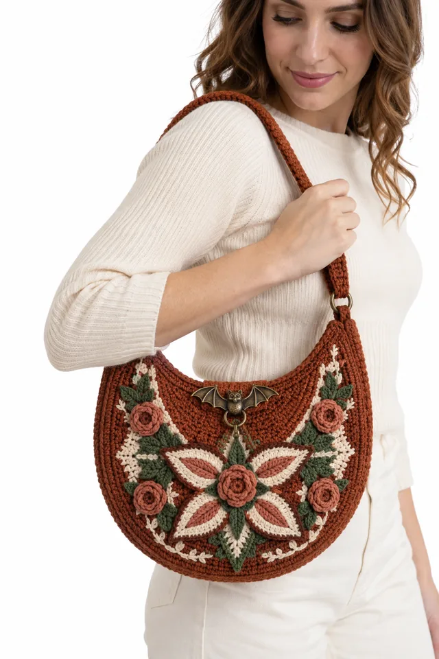 AI concept of a burnt sienna crescent moon crochet pouch with a bat clasp.