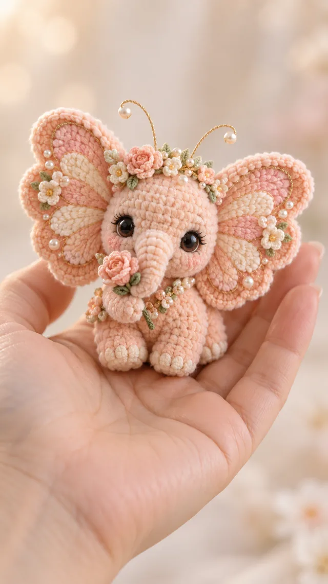 AI concept of a peach crochet elephant amigurumi with butterfly wing ears and floral crown.