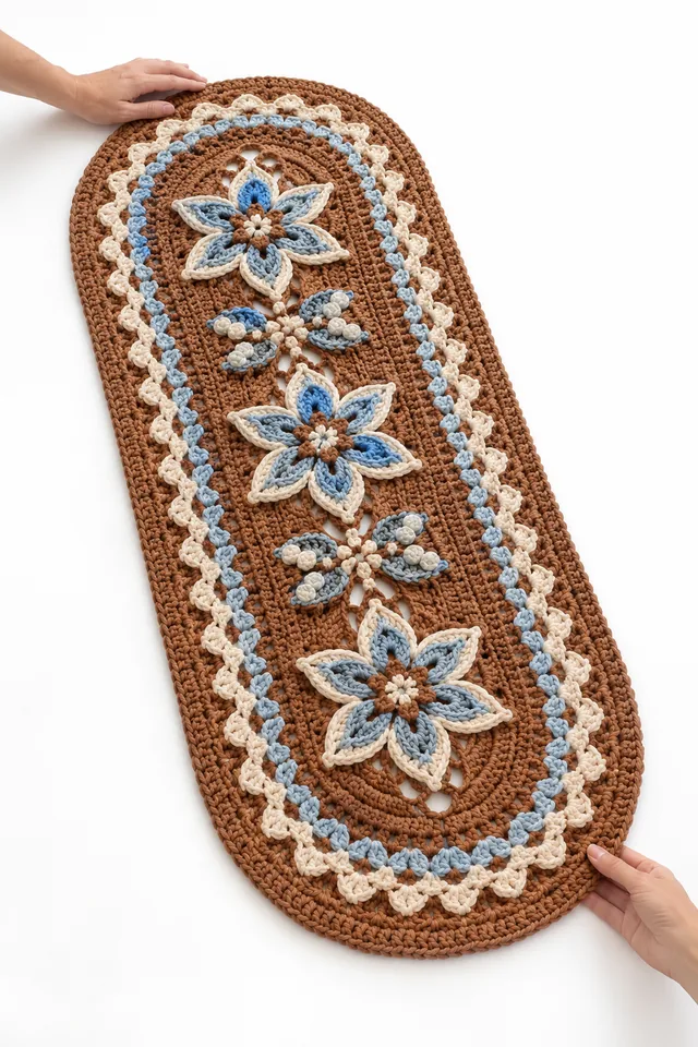 AI concept of a cinnamon capsule-shaped crochet runner rug with blue star flowers.