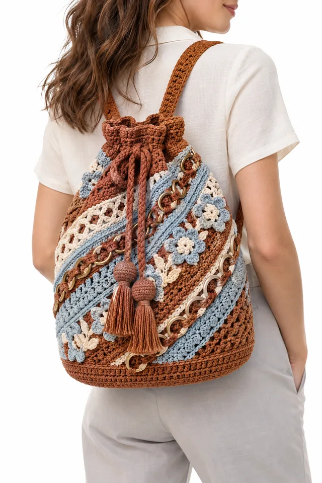 AI concept of a cinnamon crochet bucket bag with braided torus links and drawstring top.