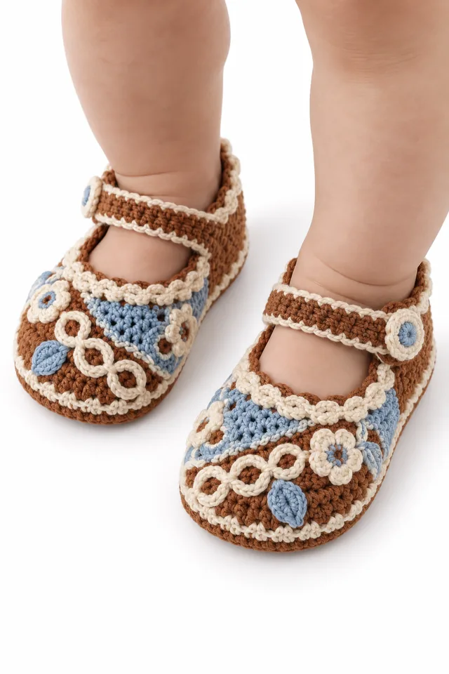 AI concept of cinnamon crochet baby Mary Jane shoes with braided torus trim.