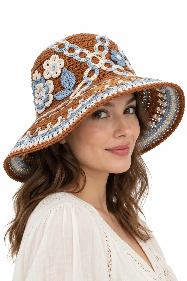 AI concept of a cinnamon crochet sun hat with braided torus links band and wide brim.