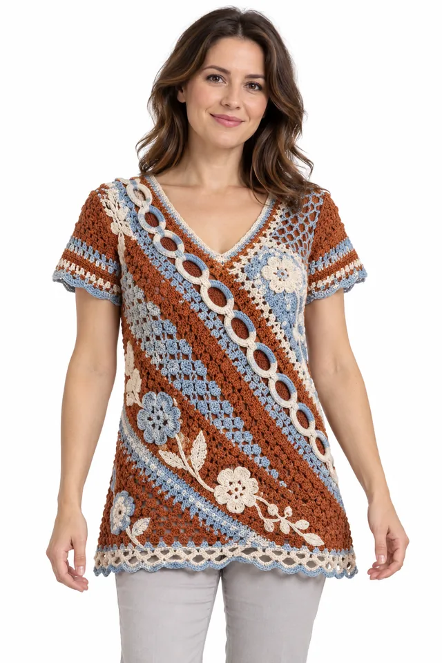 AI concept of a cinnamon crochet V-neck tunic with braided torus links texture.