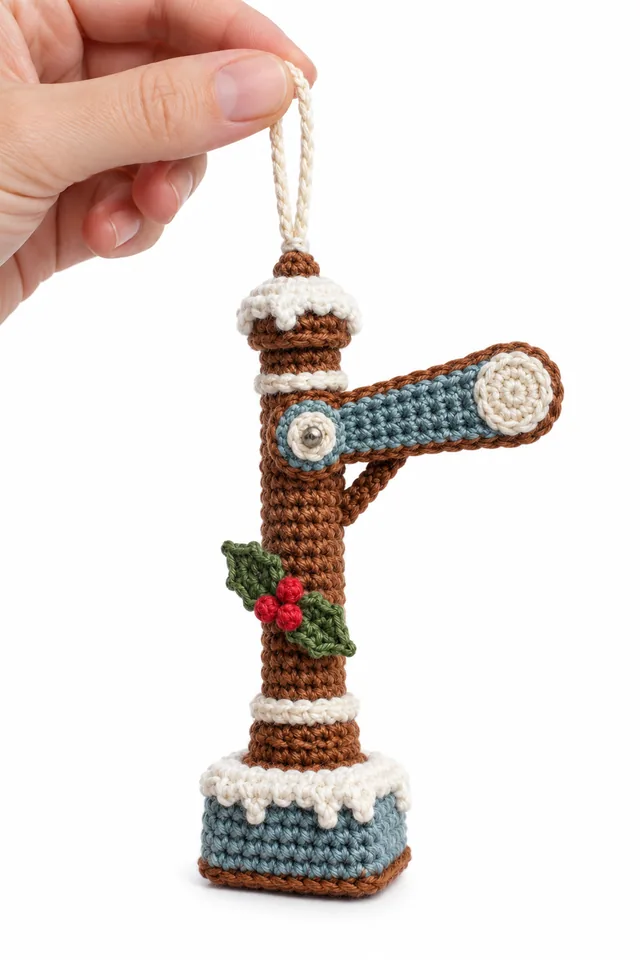AI concept of a cinnamon crochet railway signal ornament with a round arm.