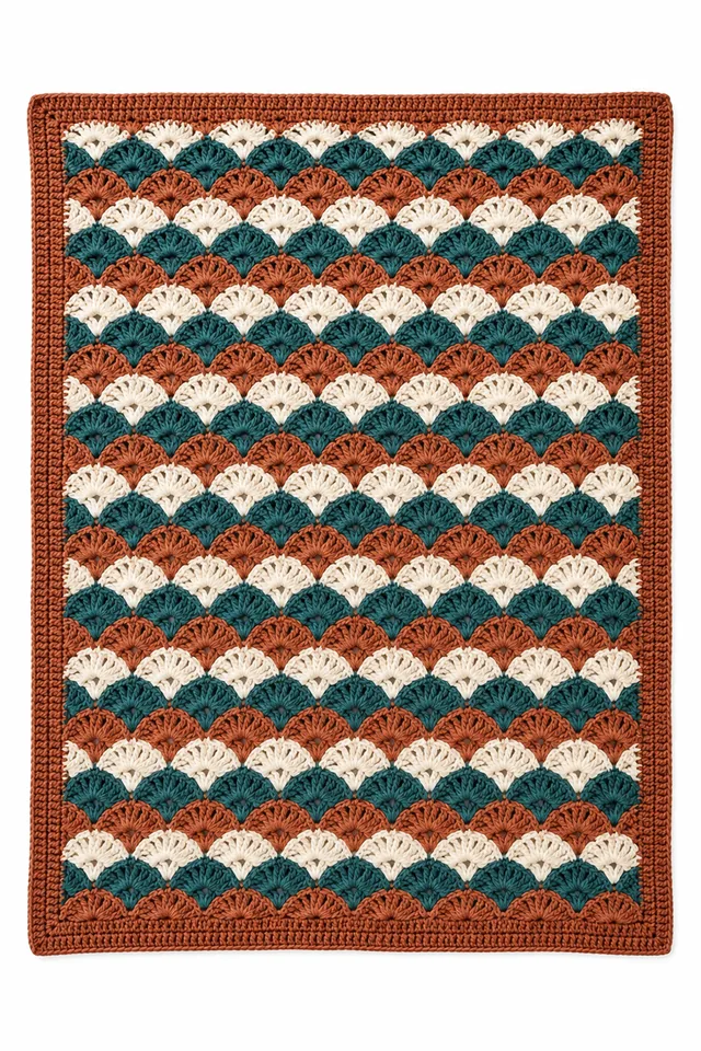 AI concept of a copper and teal crochet blanket with raised shell cluster texture.