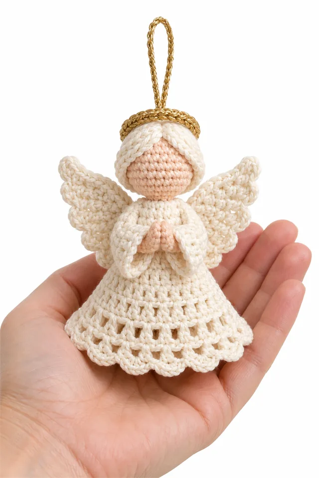 AI concept of a cream crochet angel Christmas ornament with folded wings.