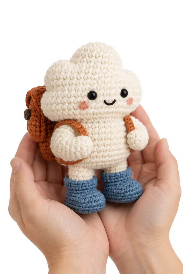 AI concept of a cream crochet cloud amigurumi character dressed as an explorer.