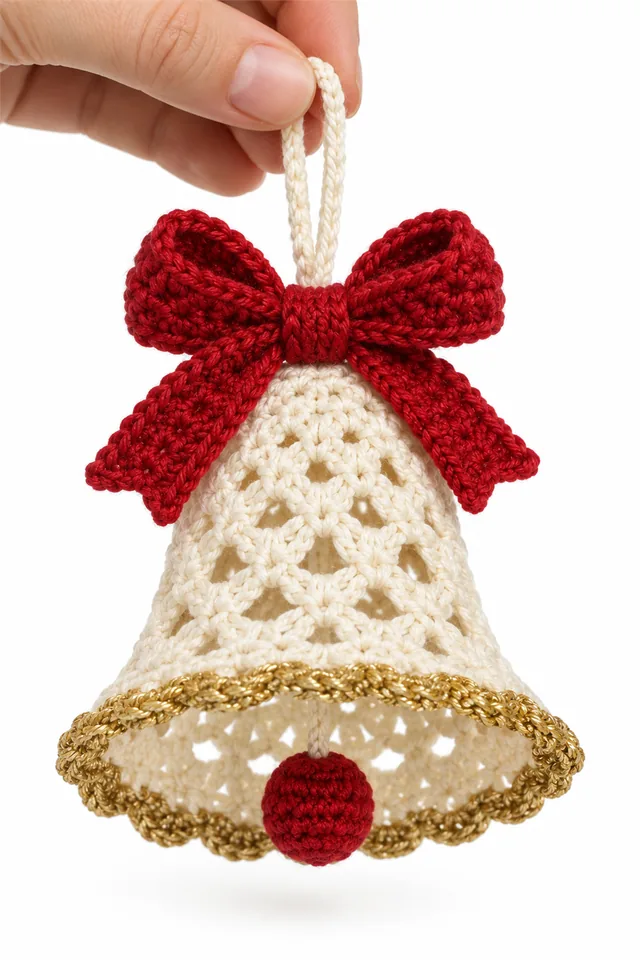 AI concept of a cream crochet Christmas bell ornament with gold accents.