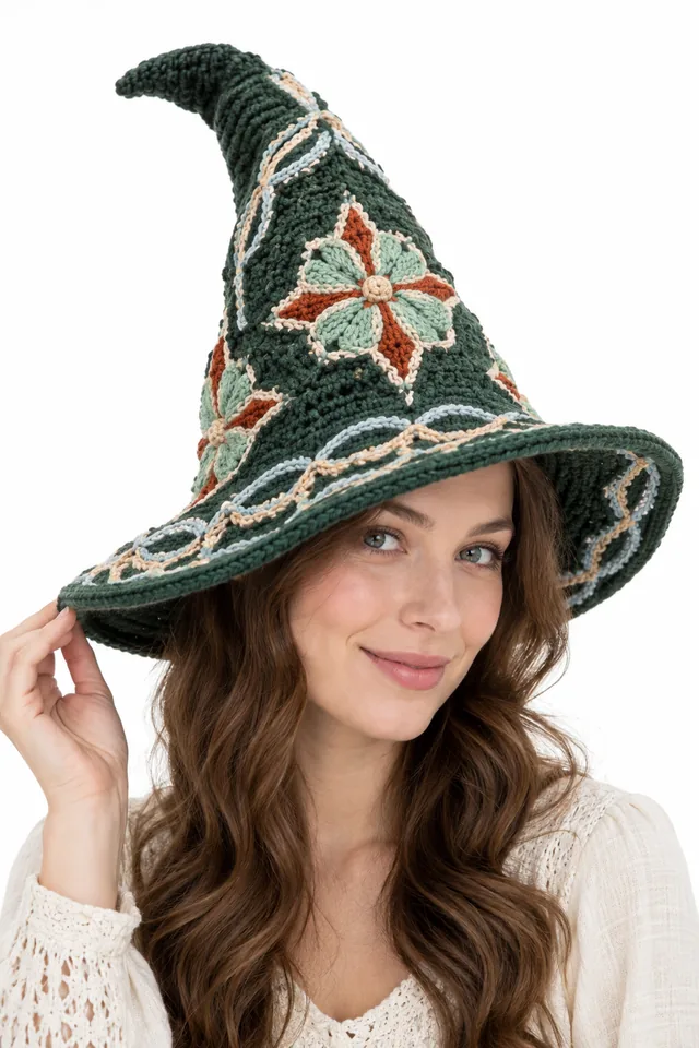 AI concept of a forest green crochet witch hat with compass petal geometry, wearable.