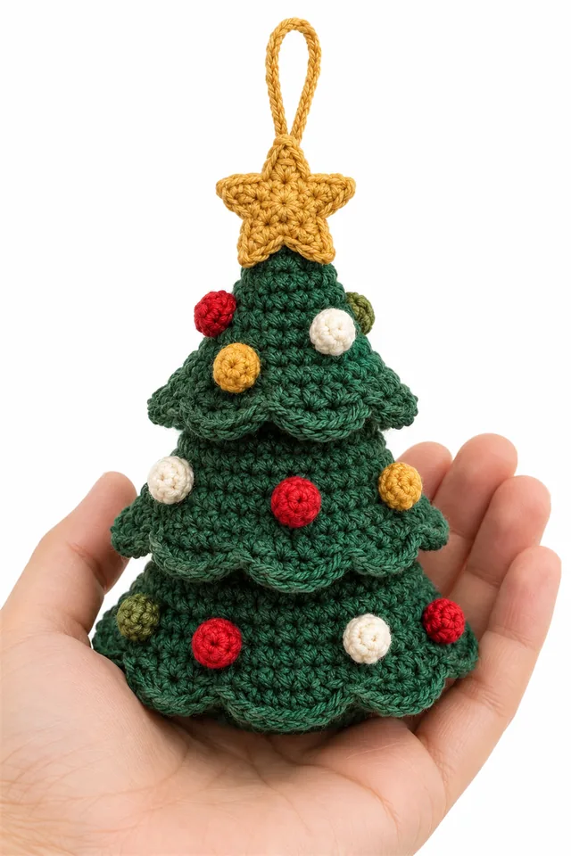 AI concept of a green crochet Christmas tree ornament with tiny decorations.