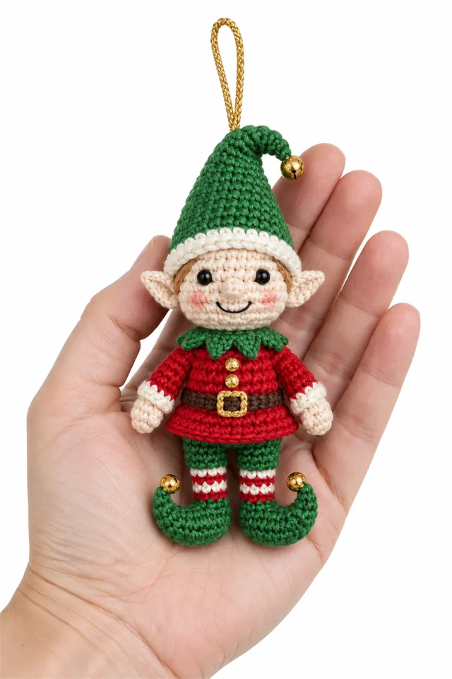 AI concept of a green crochet elf Christmas ornament with a pointed hat.
