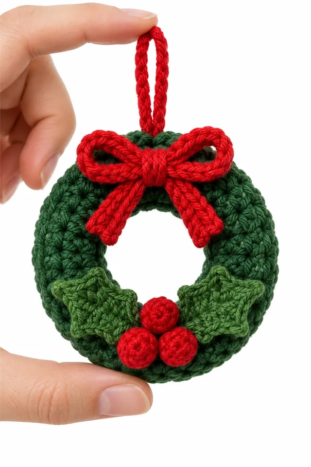 AI concept of a green crochet holly wreath Christmas ornament with red berries.
