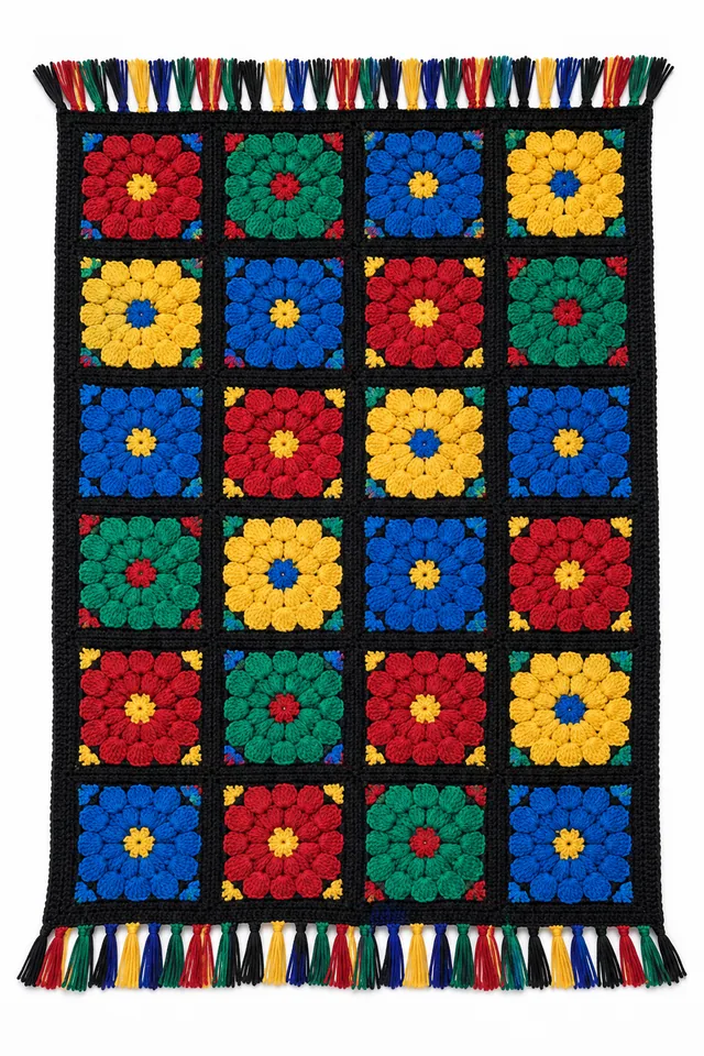 AI concept of a jewel-toned crochet blanket with stained glass window panels outlined in dark lines.