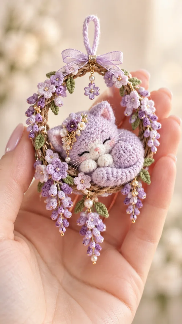 AI concept of a lavender crochet cat amigurumi asleep inside a wisteria flower wreath.