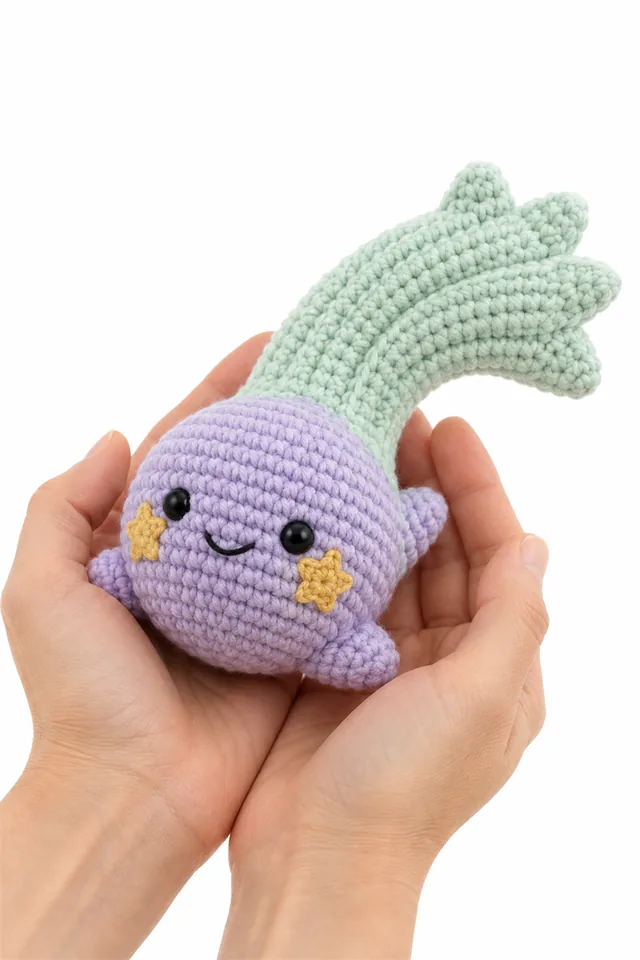 AI concept of a lavender crochet comet amigurumi with a flowing tail.