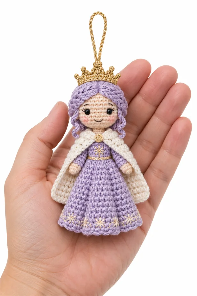 AI concept of a lavender crochet snow princess ornament with a tiny crown.