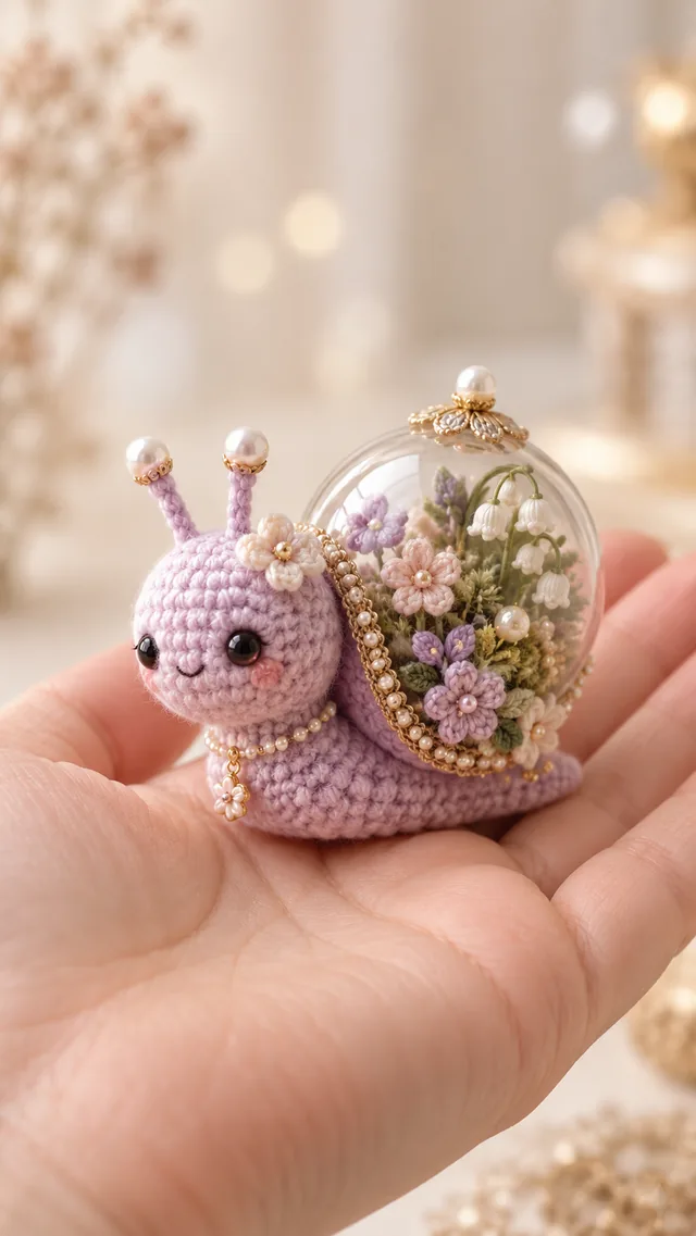 AI concept of a lilac crochet snail amigurumi whose shell is a tiny glass dome garden.