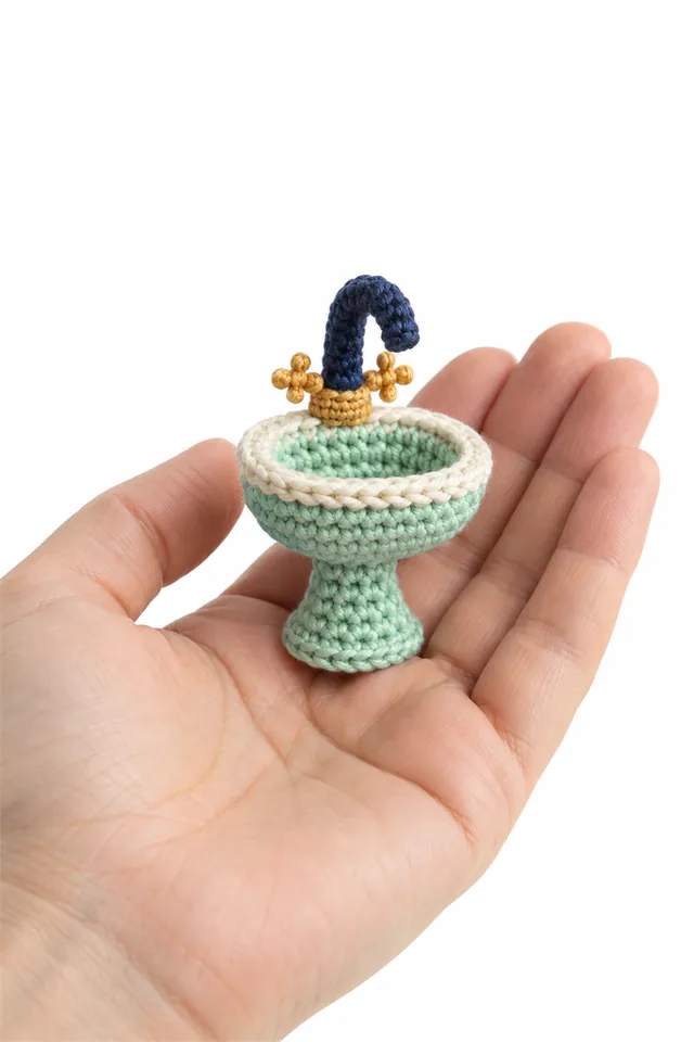 AI concept of a miniature mint green crochet washbasin with pedestal.