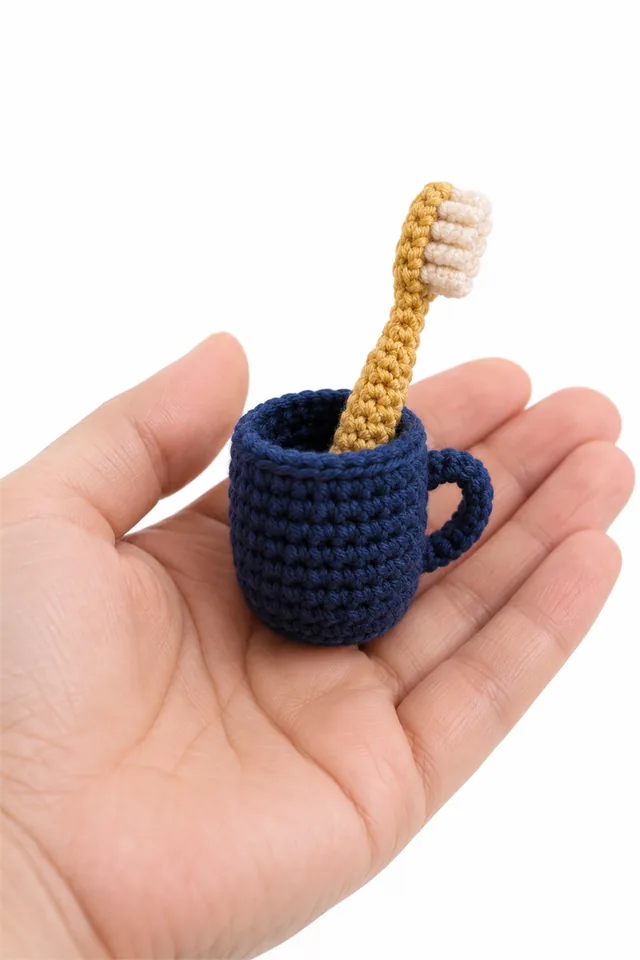 AI concept of a miniature navy crochet cup holding tiny toothbrushes.