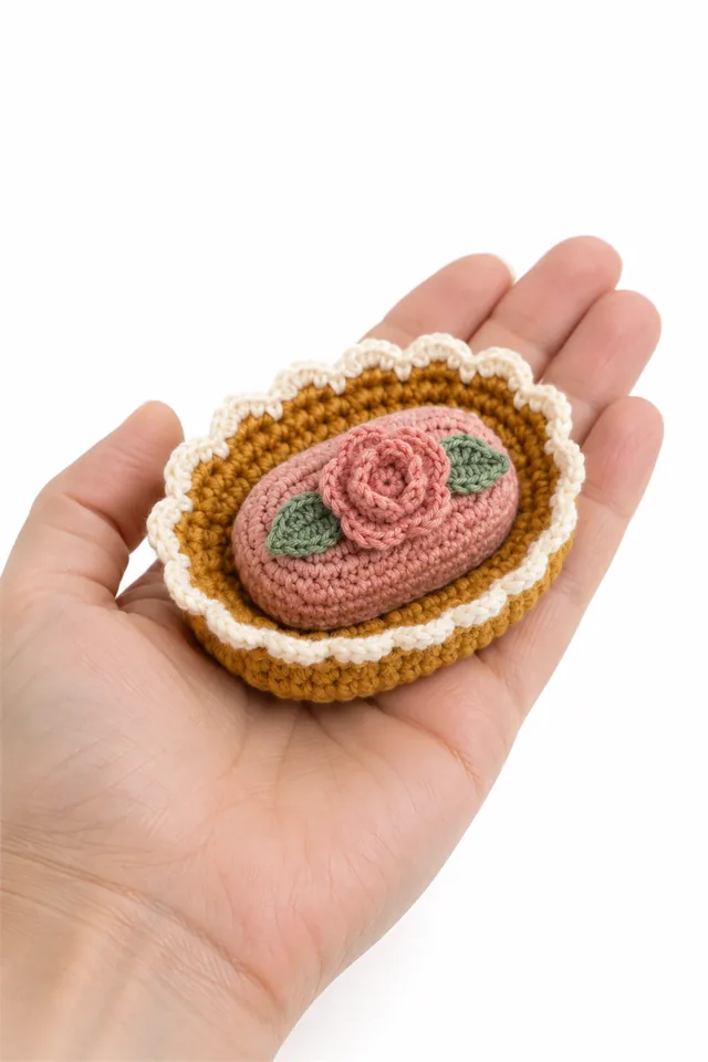 AI concept of a miniature ochre crochet soap dish with a tiny soap bar.
