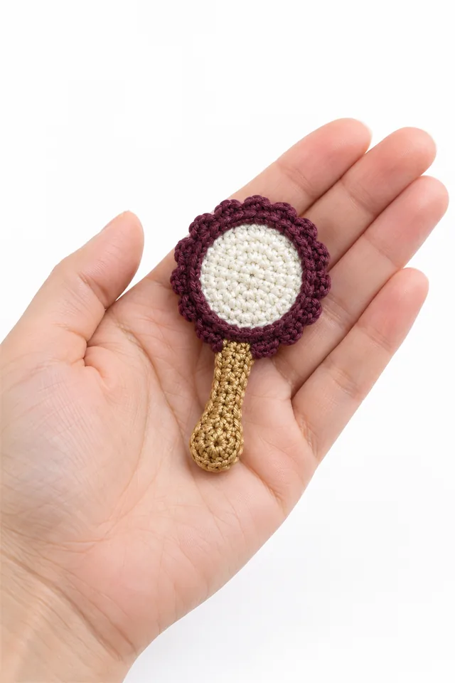 AI concept of a miniature plum crochet hand mirror with ornate frame.