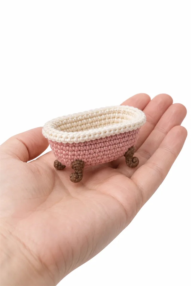 AI concept of a miniature rose pink crochet clawfoot bathtub.