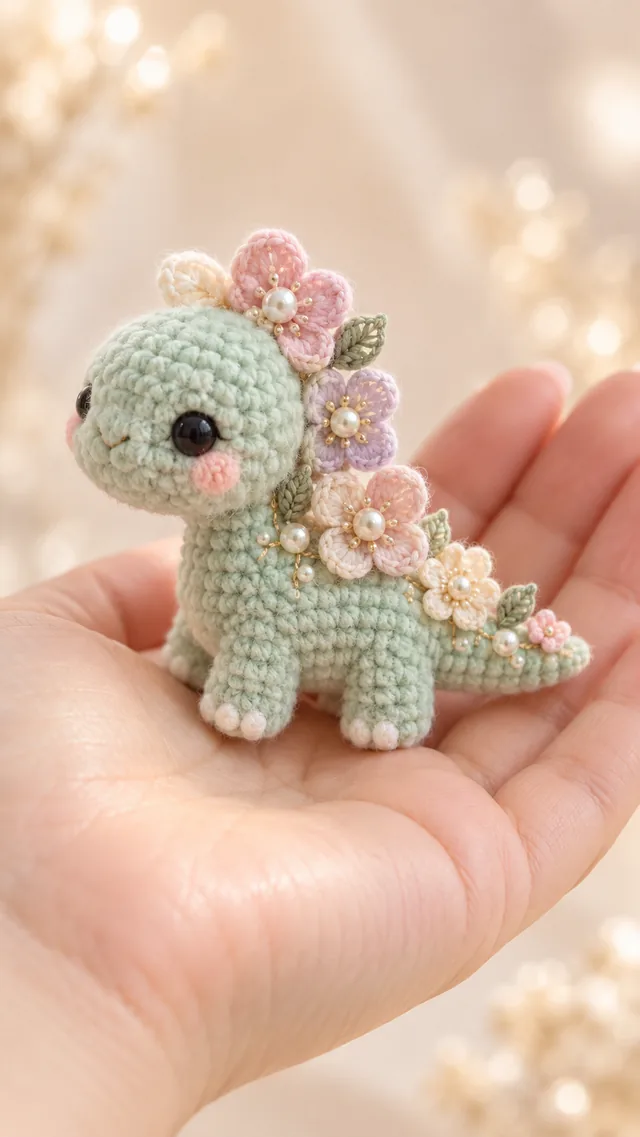 AI concept of a mint green crochet dinosaur amigurumi with pink flowers along its spine.