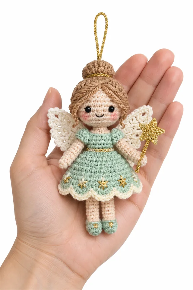 AI concept of a mint green crochet winter fairy ornament with small wings.
