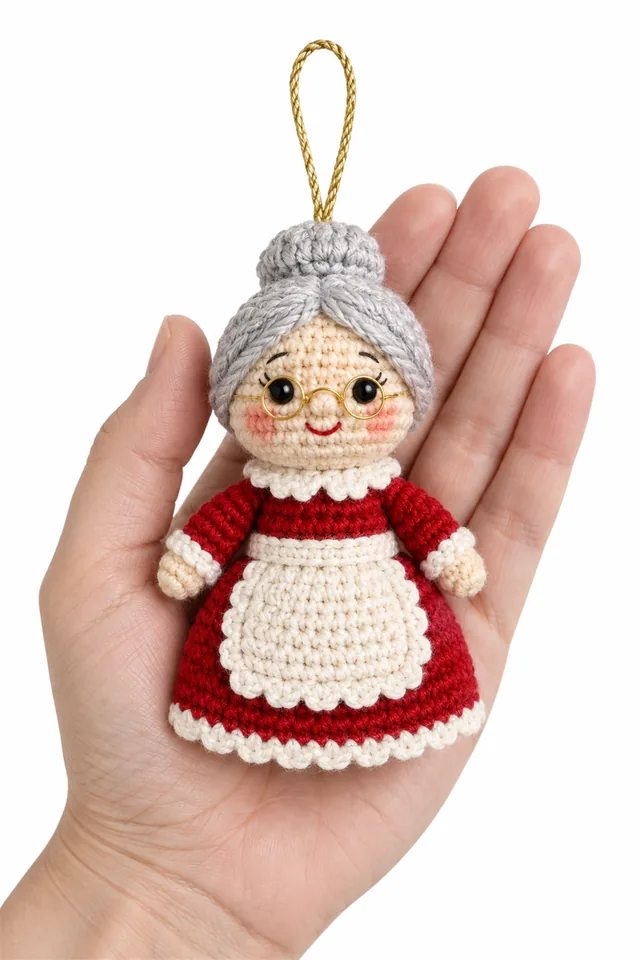 AI concept of a crochet Mrs. Claus Christmas ornament in red with white apron.
