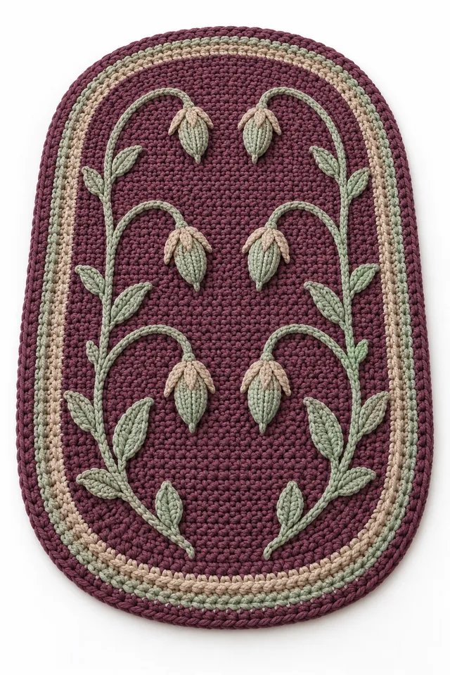 AI concept of a mulberry rectangular crochet rug with rows of blue borage star flowers.