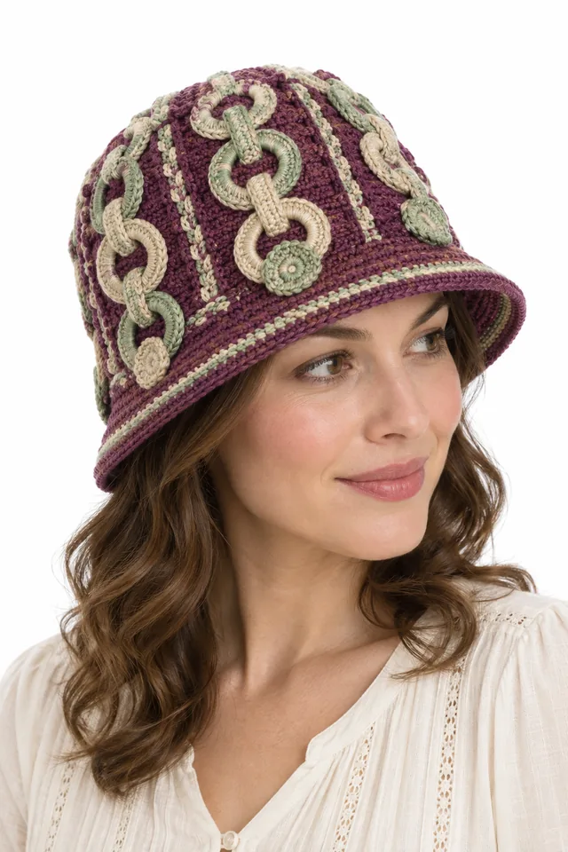AI concept of a mulberry crochet cloche hat with braided torus links detail.