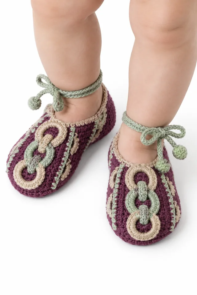 AI concept of mulberry crochet baby moccasin booties with braided torus cuff.