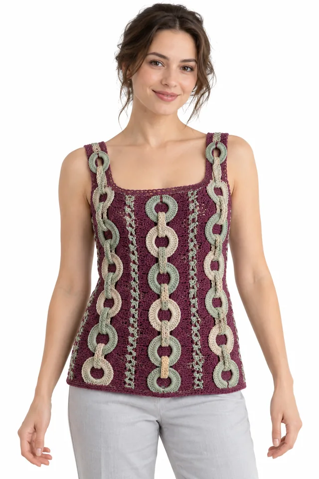 AI concept of a mulberry crochet square-neck top with braided torus links texture.