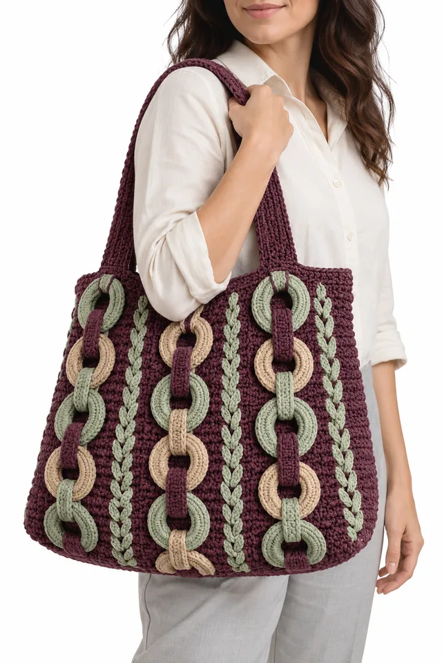 AI concept of a mulberry trapezoid crochet tote with braided torus links pattern.