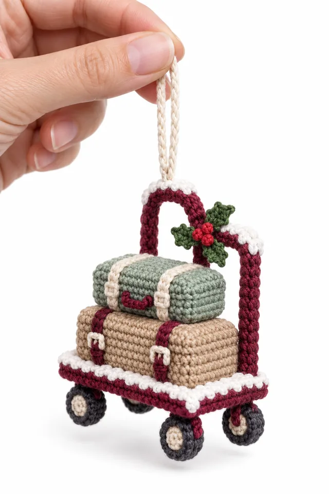 AI concept of a mulberry crochet station luggage trolley ornament.