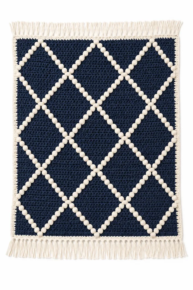 AI concept of a navy crochet blanket with ivory bobble diamonds in relief.
