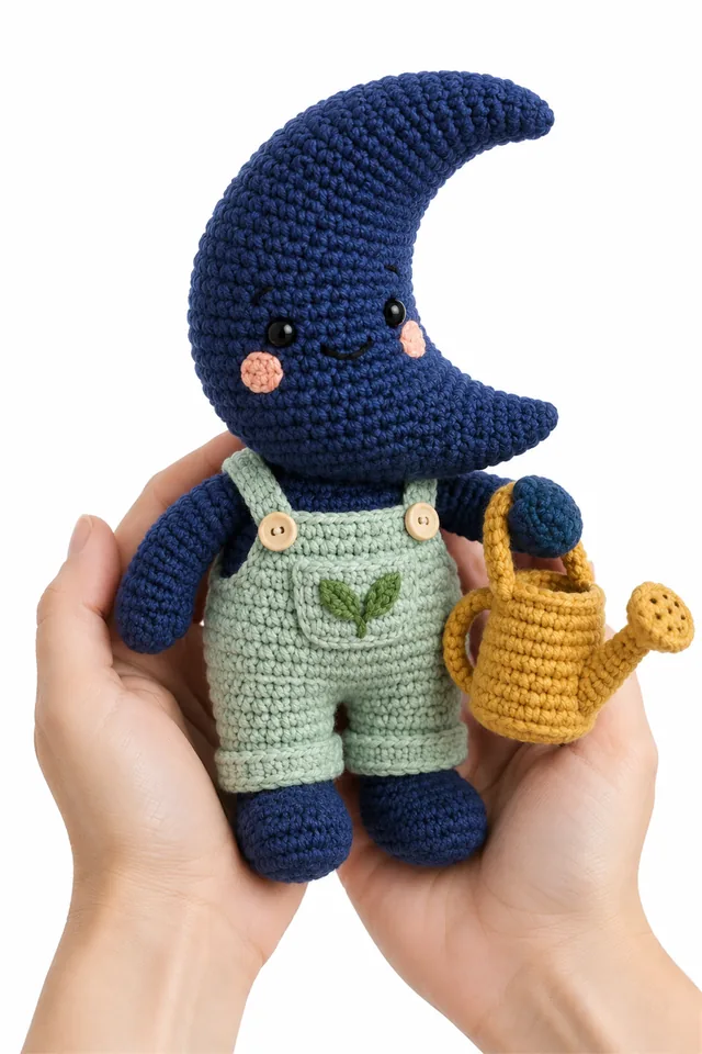 AI concept of a navy crochet moon amigurumi character with gardening details.