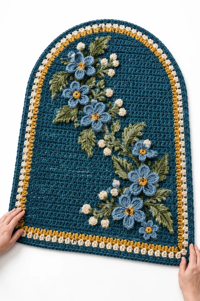 AI concept of a petrol blue arch-shaped crochet mat with pale borage star flowers.