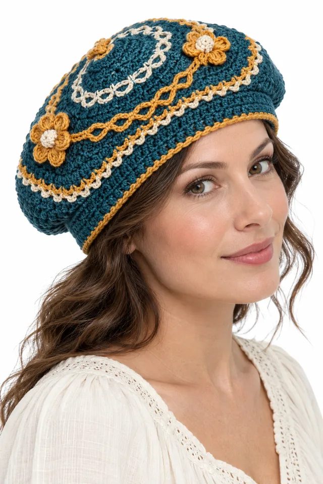 AI concept of a petrol blue crochet beret with braided torus links band.