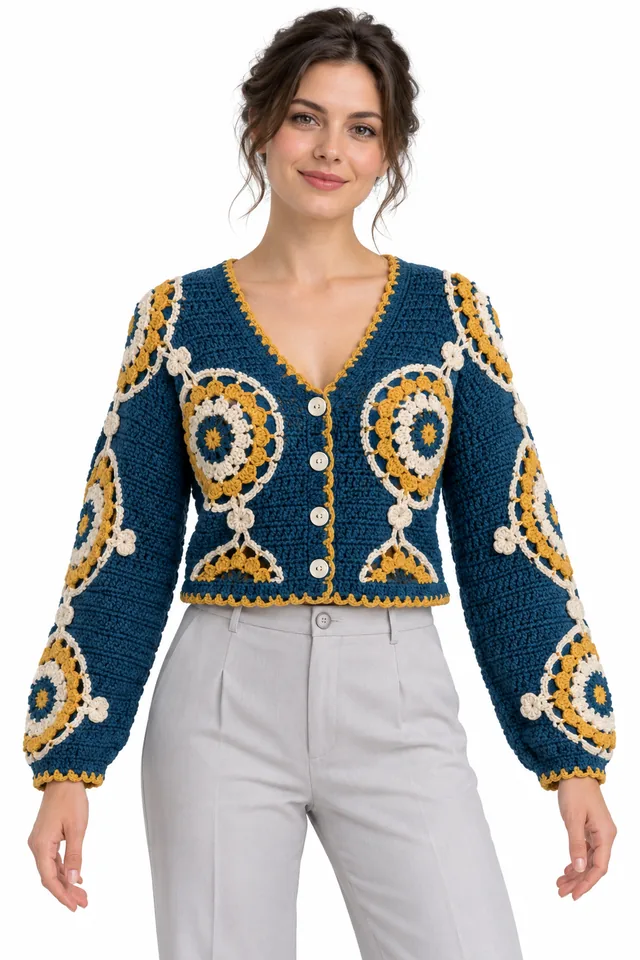 AI concept of a petrol blue cropped crochet cardigan with braided torus links texture.