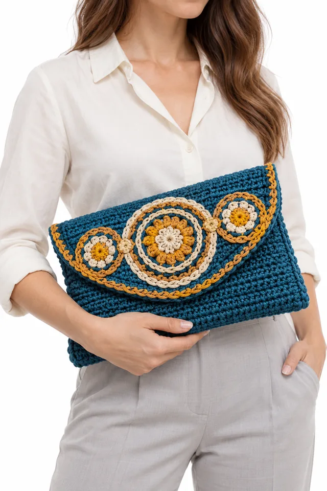 AI concept of a petrol blue crochet envelope clutch with braided torus links.